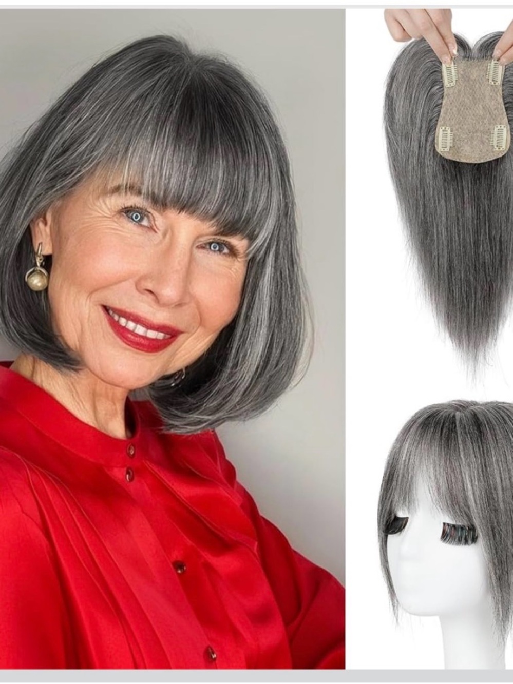 Hair Topper with Bangs for Women Real Human Hair Natural Hairpiece, Dark Gray